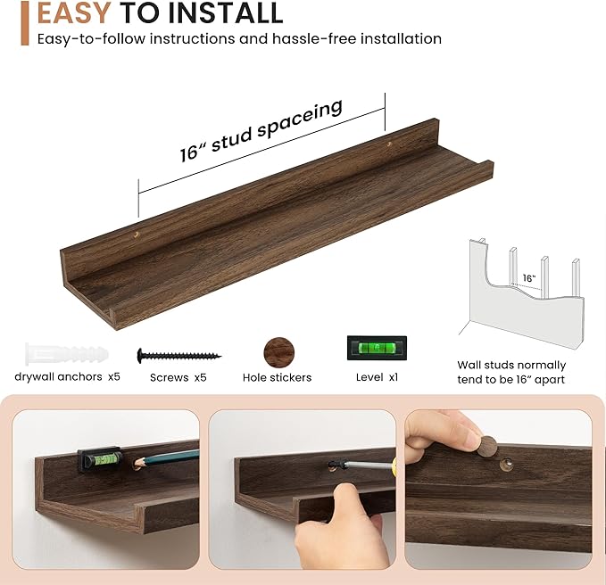 Dreamland Picture Ledge Shelf for Wall, Floating Shelves Set of 2, 24 Inch Long Floating Shelves with Lip for Living Room, Bedroom, Bathroom, Kitchen, Walnut