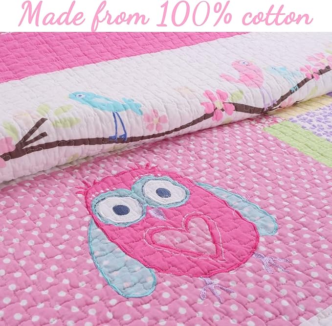 Cozy Line Home Fashions 100% Cotton Reversible Quilt Bedding Set, Coverlet Bedspread All Season Lightweight for Kids Toddler Girls (Pink Owl, Twin-2 Piece)