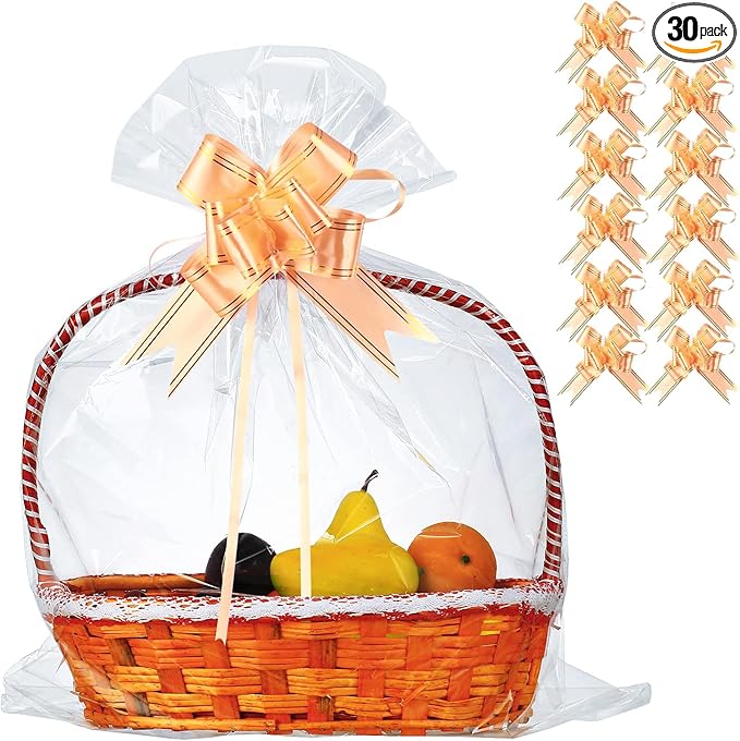 30 Packs 32” x 40” Gift Wrap Cellophane Bags for Basket Extra-large Jumbo Clear Cellophane Wraps Clear Huge Cello Bags for Basket, Gift, Christmas Tree, Treat, Art and Craft, 30ct Golden Ribbon Bows