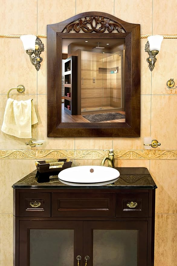 Wooden Wall Mirror, Rustic Wood Frame Mirror for Bathroom, Farmhouse, Bedroom, Entryway and Living Room, Modern Hanging Decorative Wall Mirror (Brown in Arch Shape)