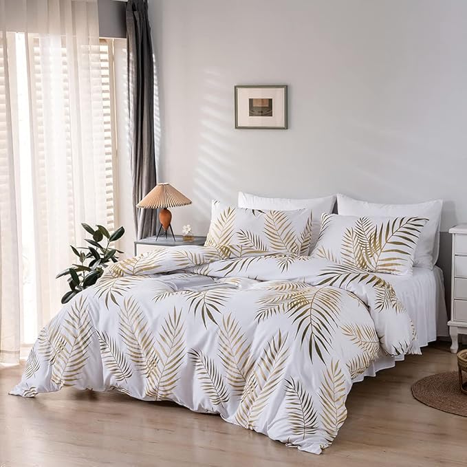 Nayoroom Gold Leaf Duvet Cover Queen Size Tropical Botanical Leaves Printed on White Bedding Set Soft Lightweight Microfiber Garden Farmhouse Comforter Covers with Zipper Closure Corner Ties