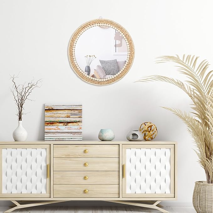 18 Inch Boho Round Hanging Wall Mirror Decorative Rattan Circle Mirrors for Farmhouse, Living Room, Bedroom