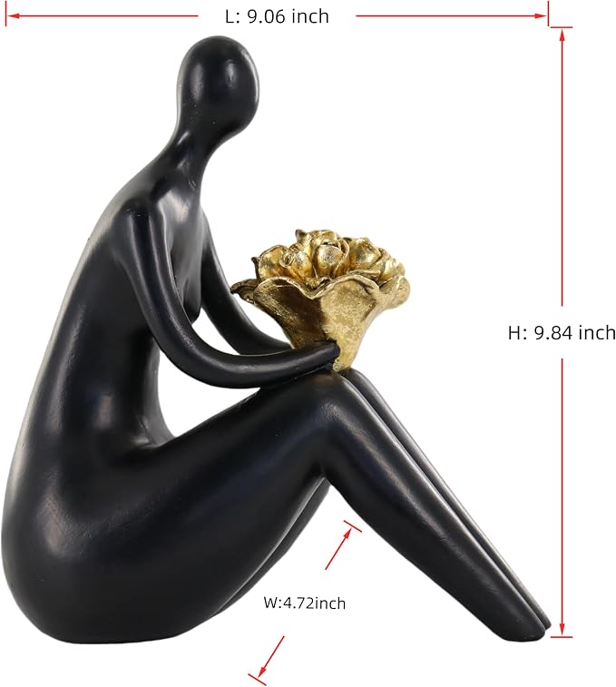 Lescafita Black Abstract Figure Statue with Golden Flowers, Modern Resin Sculpture, Minimalist Art Figurine for Home or Office Decor, Elegant Gift for Art Enthusiasts