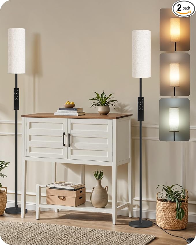 Set of 2 Slim Floor Lamps for Living Room with 2 Magnetic Remotes and Foot Switch, Dimmable Standing Lamp Mood for Bedroom Nursery, 3 Color Temperatures, 1-Hour Timer, 900LM Bulb Included, Beige Shade
