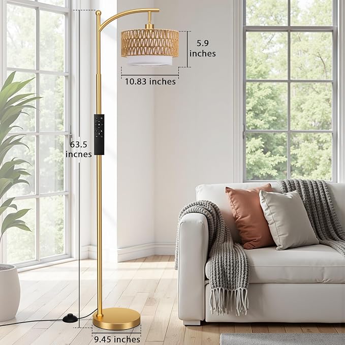 Ambimall Arc Floor Lamp for Living Room with Remote, Color Temperature & Brightness Adjustable, Boho Standing Lamp with Rattan & Fabric Double Drum Shades, Bulb Included(Gold)