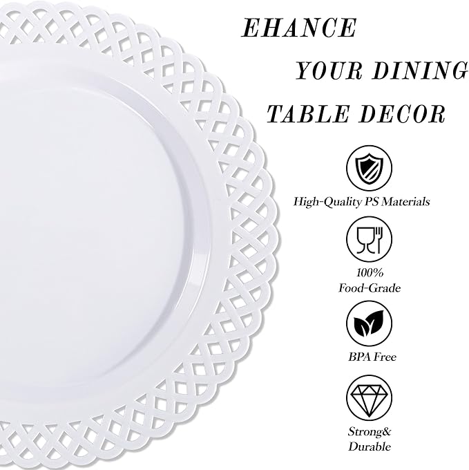 COLOSUS 60Pcs White Plastic Plates, Fancy White disposable Plates,Nice Scallop plates,Heavy Duty Lace Hollowed Out Plates include 30 Dinner Plate 10” and 30 Salad/Dessert Plate 7.5”for Christmas