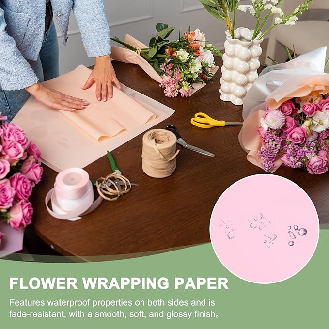 PATIKIL Flower Gift Wrapping Paper, 20 Sheets Gold Edge Waterproof Bouquet Paper Wrap Florist Supplies Packaging Floral Papers for Wedding DIY Craft Valentine Mother's Day, Pink