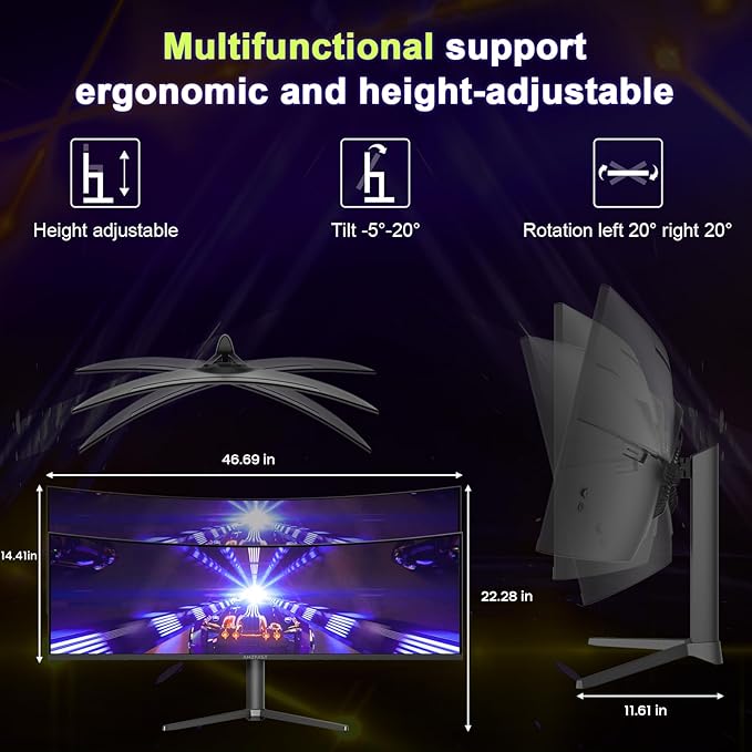 Amzfast 49 Inch Curved Monitor 120Hz DQHD 5120x1440p Ultrawide Gaming Monitor, 120% sRGB, 1500R, 1ms MPRT, HDR, Adaptive Sync, PIP/PBP, Height Adjustable, HDMI 2.0/DP 1.4, VESA 75x75, AMZG49C7U