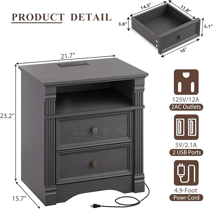 Grey Nightstand Set of 2 with Charging Station, Farmhouse End Table with 2 Drawers and Open Shelf, Wooden Bedside Table with Metal Handles, Vintage Design, Organizer for Bedroom, Hallway
