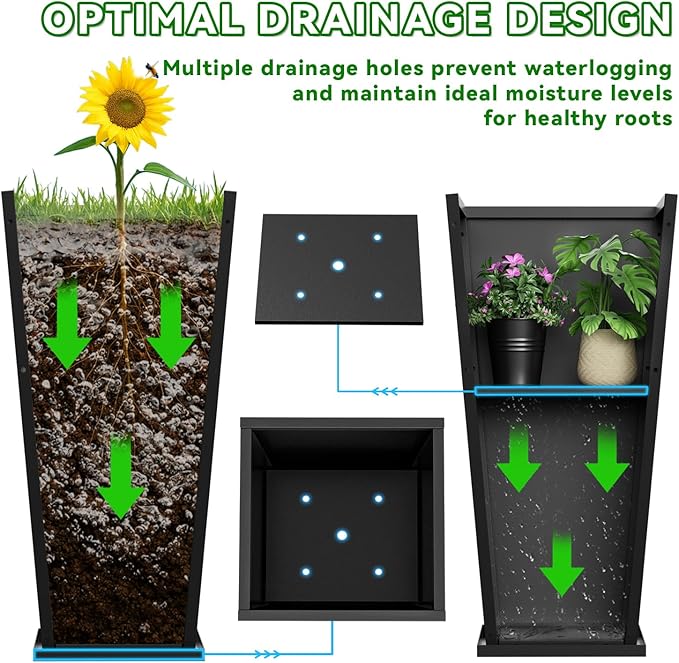 Metal Planter 2 Pack, 15L x 15W x 30H, Heavy Duty Tall Planters for Outdoor Plants, Black Planters with Removable Insert Shelf, Large Planters with Drainage Holes for Porch, Patio, Black