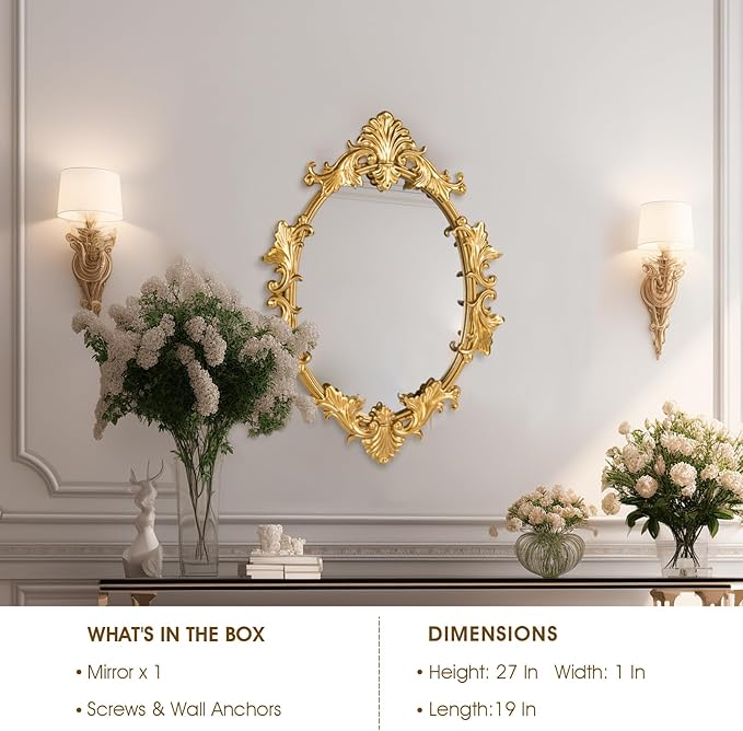 Gold Oval Wall Mirror, 19"x27" Vintage Decorative Baroque Hanging Mirrors for Bedroom, Living Room Dresser Decor, Entryway