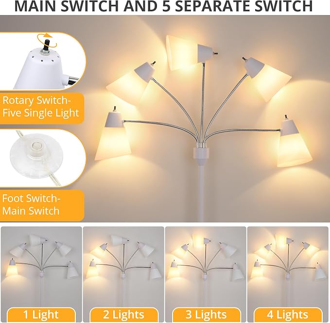 FOLKSMATE Floor Lamp, Medusa Multi Head Modern Tall Standing Light Fixture, Rustic Adjustable LED Reading Light for Living Room, Bedroom, Kids 5 White & Colored Lamp Shades, White