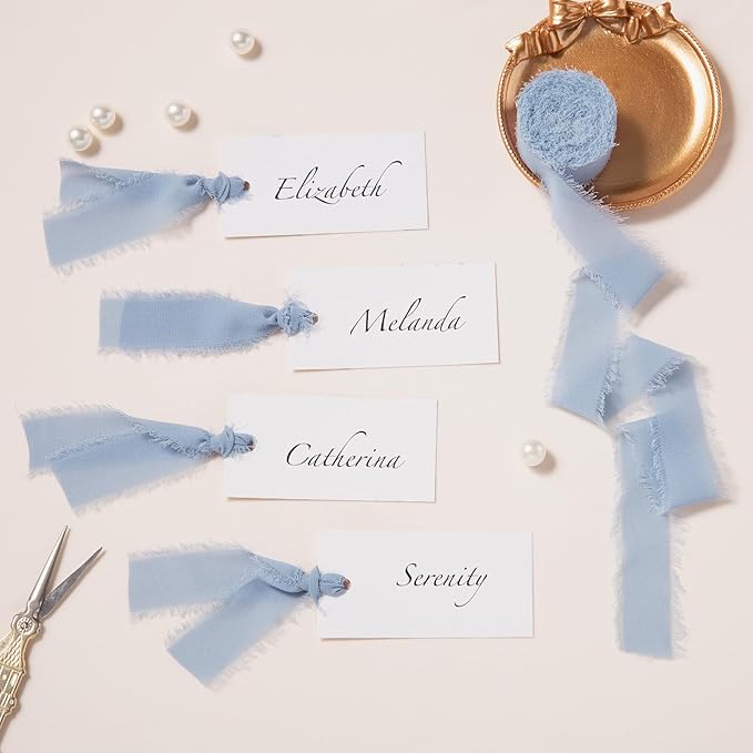DORIS HOME Dusty Blue Chiffon Ribbon for Flower Bouquet, 1" x21Yd Fabric Ribbon for Gift Wrapping, Handmade Frayed Ribbon for Wedding Invitations/Christmas Decorations