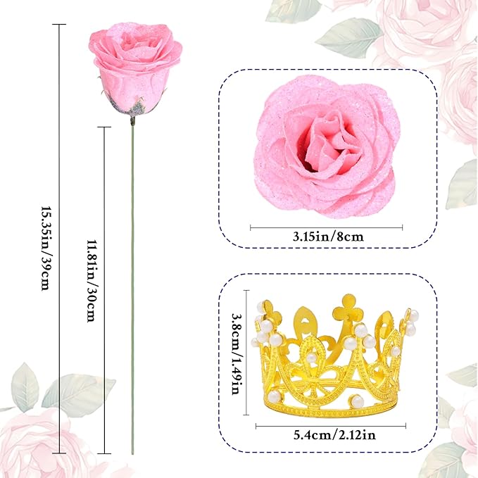Waipfaru 36 Pcs Glitter Roses Bouquet, DIY Fake Flowers Bouquet, Artificial Pink Rose Bouquet for Valentines, Mothers Day Gifts, Anniversary, Engagement, Wedding