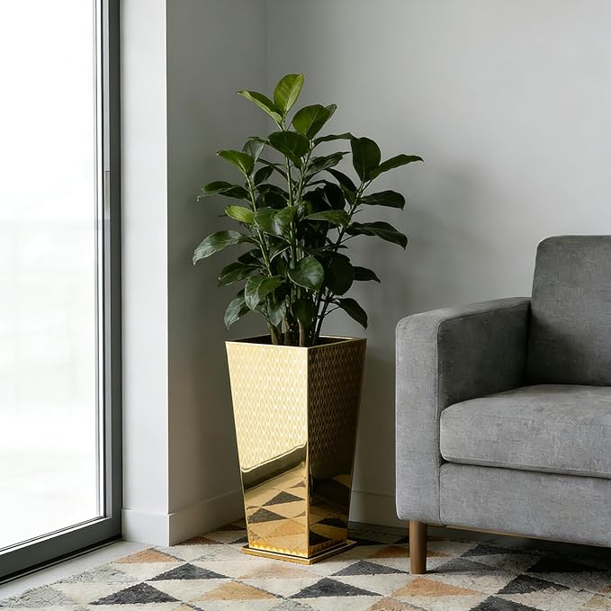 Luxury Stainless Steel Golden Taper Tall Planter Box Set of 2 with Mirror Etching No Coating 24”H Top 11” Bottom 8”,Decrative Pot Indoor, Modern Décor for Home,Office,Tall Plants,Trees,Flowers
