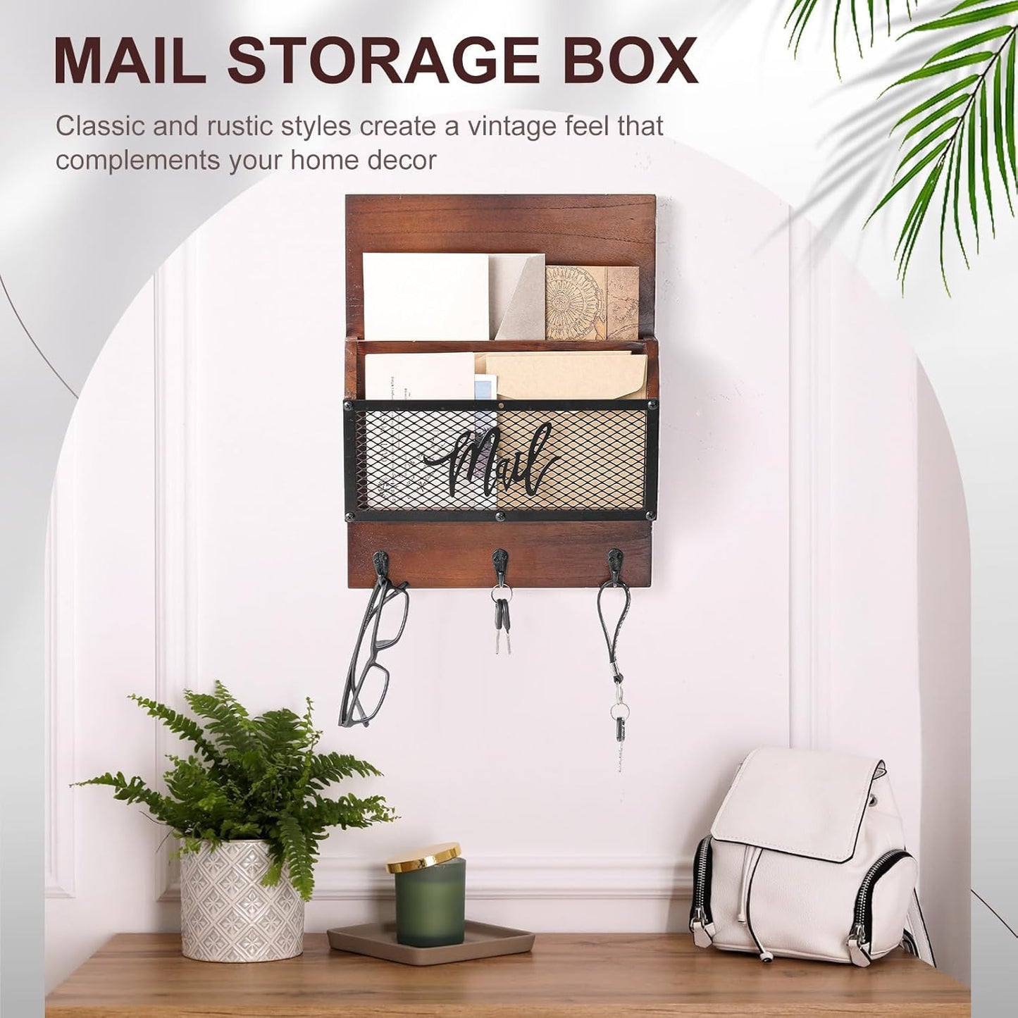 Yalikop Farmhouse Mail Organizer - Rustic Wall-Mounted Holder with 3 Hooks for Letters & Keys | Dark Brown