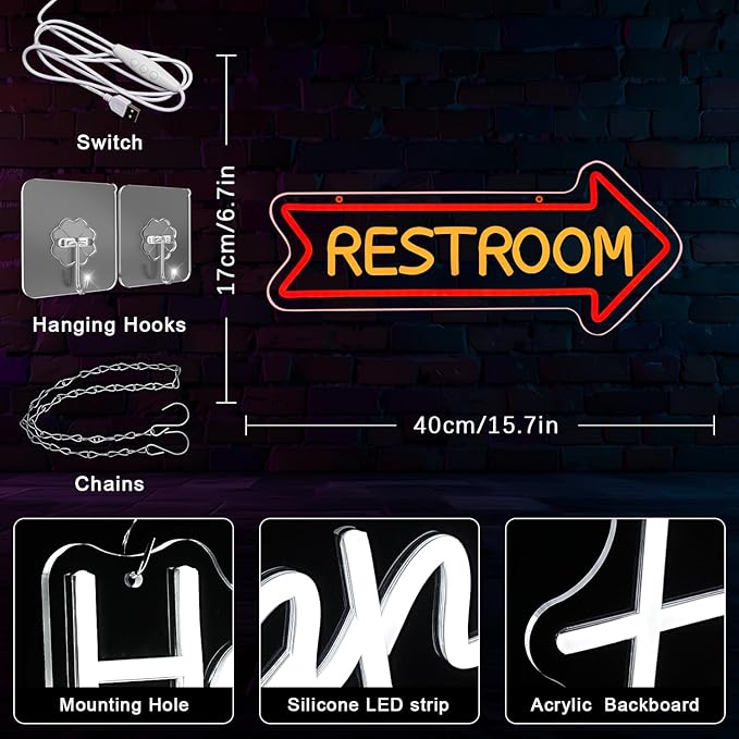 Restroom Neon Signs for Wall Decor Restroom Led Sign Dimmable USB Bathroom Neon Light with Arrow Toilet Bathroom Signs for Home Bar School Shopping Mall Hotels Hospitals
