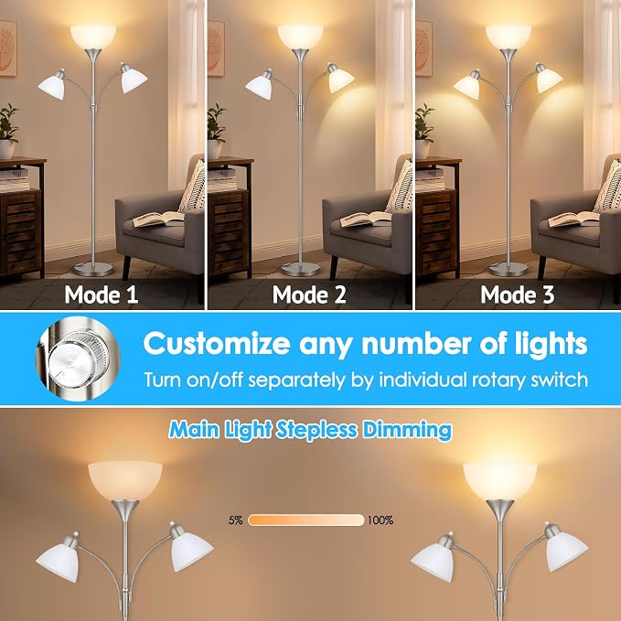 Coucrek Torchiere Floor Lamps for Living Room,72" Dimmable Lamp with 2 Adjustable Reading Lights for Bedroom, Tall Standing Room Lamp, 3 Bulbs Included