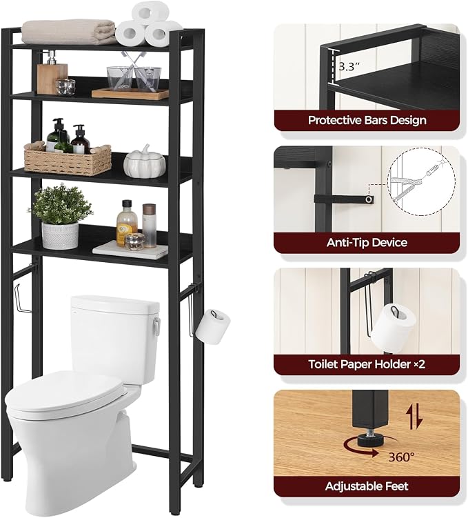 MAHANCRIS Over The Toilet Storage Rack, 4 Tier Bathroom Organizer Over Toilet, Freestanding Space Saver Toilet Stand with 2 Hooks, Bathroom Storage Shelf, Easy to Assemble, Black TSHB0401