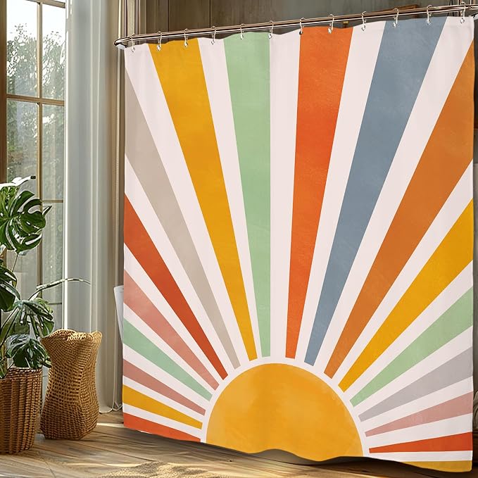 Miyotaa Colorful Sun Rainbow Retro Shower Curtain Set 60Wx71H Inches Minimalist Art Girls Abstract 70s Aesthetic Vintage Pastel Polyester Waterproof Cloth Bathroom Curtain with 12 Hooks