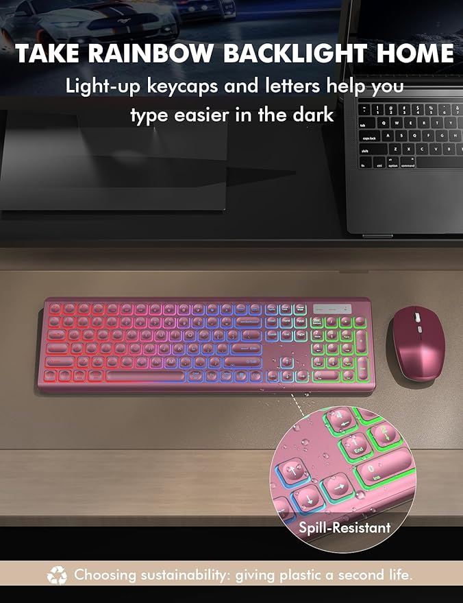 Wireless Keyboard and Mouse Combo, RGB Backlit, Rechargeable & Light Up Letters, Full-Size, Soft Typing, Sleep Mode, 2.4GHz Quiet Keyboard Set for Mac, Windows, Laptop, PC, Trueque (Wine Red)