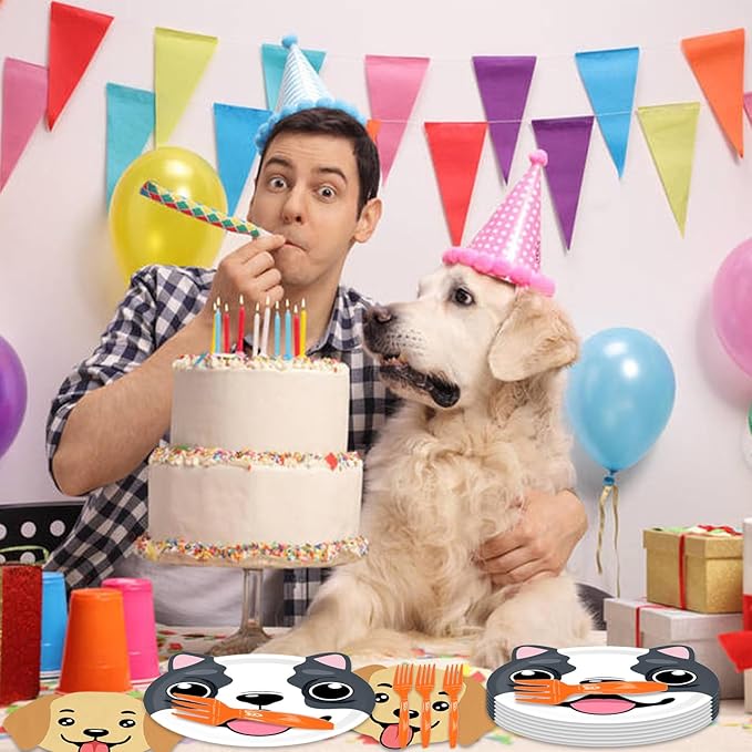 Generic 48Pcs Cute Dog Birthday Party Decorations Plates, Paper and Plastic Construction, Cartoon Style, Dog-Themed Party Supply Pack, Dinner Plates