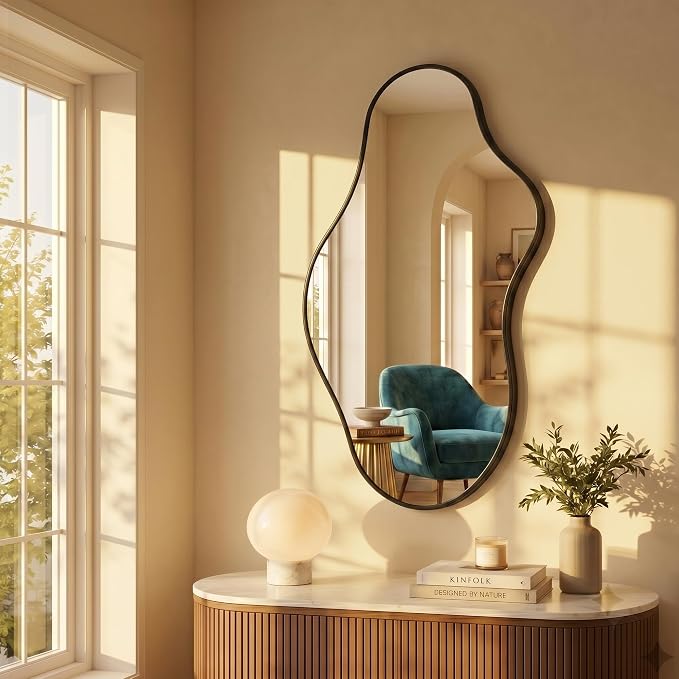 Dorlicecass Bathroom Mirrors for Over Sink - Long Wall Mirrors Decorative 20"x 36" Asymmetrical Abstract Aviation Aluminum Alloy Frame Unique for Bedroom, Living Room, Cloakroom, Entryway Black