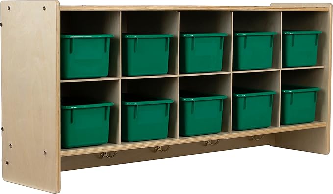 10 Section Cubby Storage Cabinet with Green Bins, Kids Toy Organizer with Hooks, Wall Mounted Cubbies Storage Unit for Kindergarten and Daycare