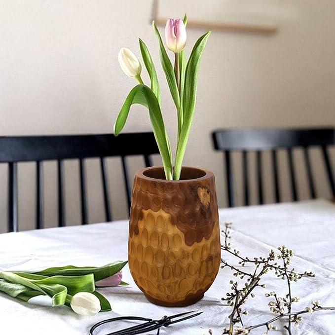 Teak Wooden Handcrafted Vase 6.7" x 6.7" x 9.5"H Natural Wood Pot Handmade Rustic Flower Holder for Entry Table Brown Stain Vintage Artworks Planter for Living Room Home Christmas Décor