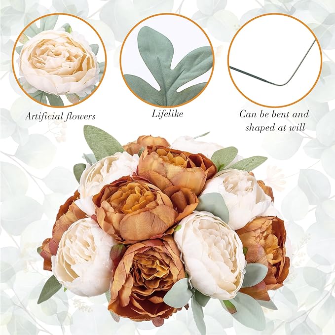 Zeyune 50Pcs Wedding Artificial Peonies 4 Inch Fake Silk Peony Faux Artificial Valentine Flower Bulk Rose Flower Head for Valentine Decoration Vintage Wedding Home Office(Orange and Milky White)