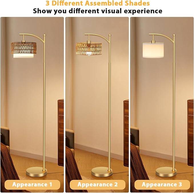 Ambimall Arc Floor Lamp for Living Room with Remote, Color Temperature & Brightness Adjustable, Boho Standing Lamp with Rattan & Fabric Double Drum Shades, Bulb Included(Gold)