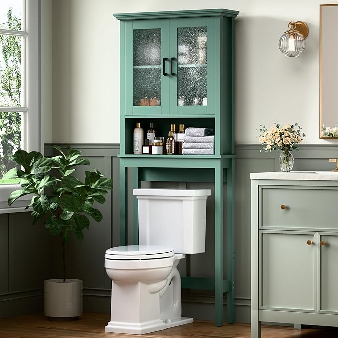 Over The Toilet Storage Cabinet, Over Toilet Bathroom Organizer with Glass Doors and Adjustable Shelf, Thicken Frame Above Toilet Storage Cabinet Behind Toilet Bathroom Organizer, Halcyon Green
