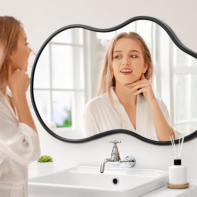 36”x 24” Irregular Wall Mirror, Black Mirrors for Over Sink, Framed Modern Bathroom Mirror, Wall Decorative for Entryway Living Room Bedroom Vanity Asymmetrical Mirror Horizontal/Vertical