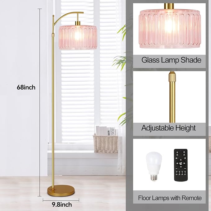 QIYIZM Pink Floor Lamp for Living Room,Bedroom,Gold Dimmable Standing Lamp with Remote,Mid Century Modern Brass Tall Lamp Boho Floor Lamps Arc Stained Glass Flower Floor Light Lamp Girls kids Bohemian