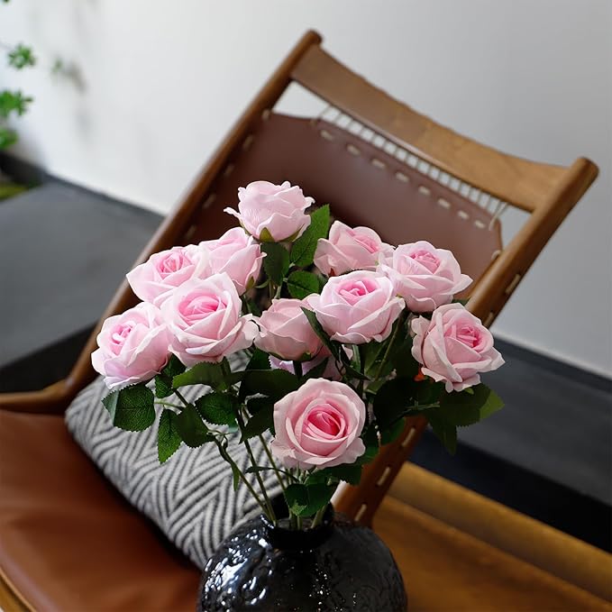 12 Pcs Artificial Rose Flowers, Silk Roses with Long Stems, Realistic Fake Roses for Wedding Centerpiece Party Home and Office DIY Decor, Pink