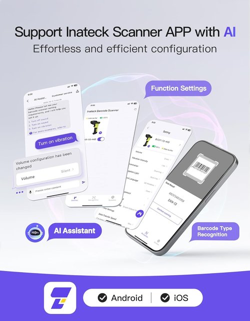 Inateck Wireless Bluetooth 2D Barcode Scanner - Fast & Accurate QR Code Scanning | 180-Day Battery Life, iOS/Android/Windows Compatible