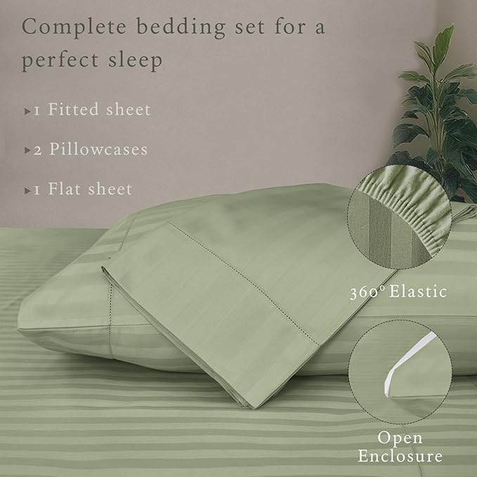 Threadmill 500 Thread Count Queen Size Damask Stripe, 4 Pc Luxury Cotton Bedding Set, Silky Smooth Sage Green Sheets with 16" Elasticized Deep Pocket, 2 Pillowcases & Free Tote Bag