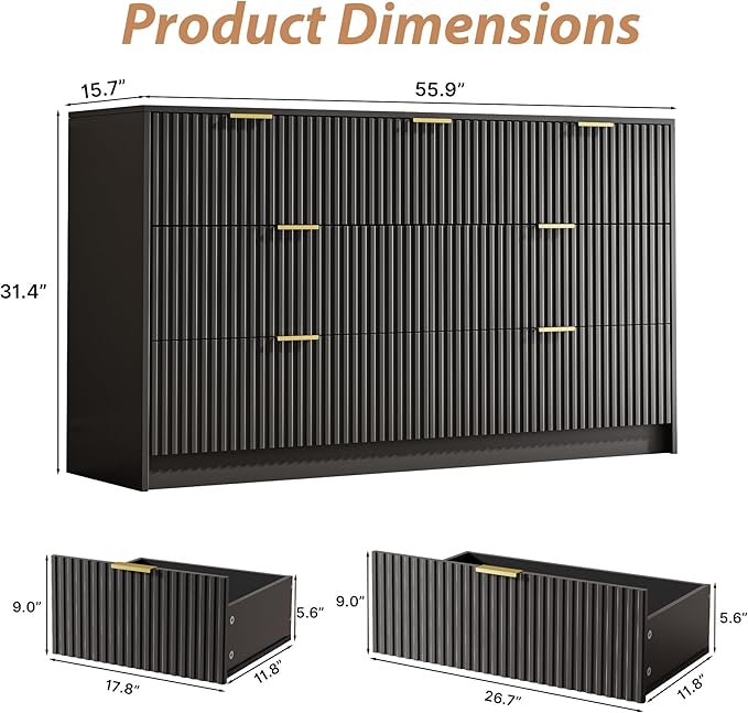 3-Piece Dresser Bedroom Set, 7 Drawer Dresser & 3 Drawer Nightstands with Gold Handles, Fluted Wood Chest of Drawers for Bedroom, Living Room, Entryway, Black