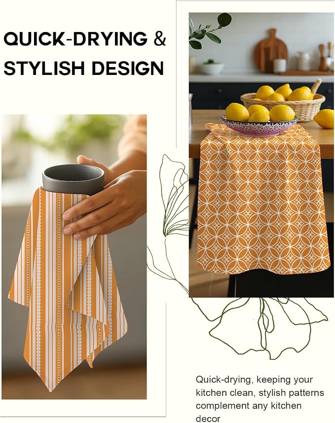 Miss Adola 2 Pack Flour Sack Kitchen Towels - 16x26 Inch Cotton Dish Towels with Hanging Loop Reusable Geometric Boho Modern Retro Tea Towel Absorbent Dishcloths Home Decor, Orange Stripe