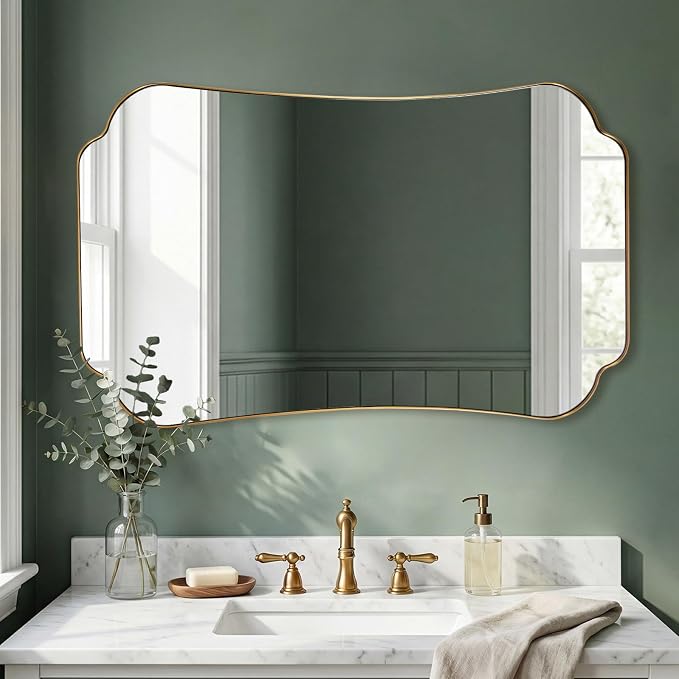 ANDY STAR 30x48 Gold Bathroom Mirror, Large Brushed Brass Scalloped Wall Mirror, Bathroom Wall Mirror with Stainless Steel Framed for Bedroom, Hallway
