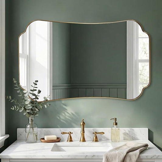 ANDY STAR 30x48 Gold Bathroom Mirror, Large Brushed Brass Scalloped Wall Mirror, Bathroom Wall Mirror with Stainless Steel Framed for Bedroom, Hallway