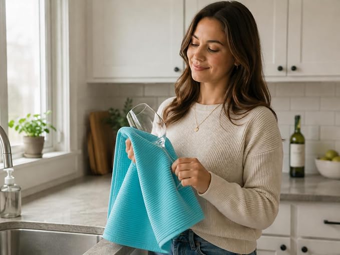Serafina Home Aqua Light Blue Kitchen Dish Towels: (18" x 28", 3 Pack) 100% Cotton Cloth Soft Cleaning Drying Absorbent Ribbed Terry Loop, Multipurpose (Aqua Blue)