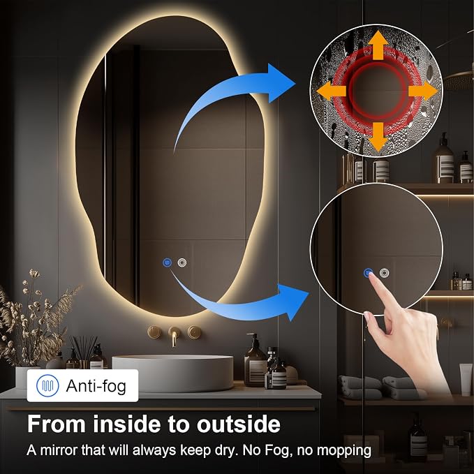 Asymmetrical LED Bathroom Mirror with Lights,Irregular Led Bathroom Vanity Mirror for Wall with Backlit, Anti Fog, 3 Colors and Dimmable Light,[Horizontal/Vertical] 48" H x 30" W