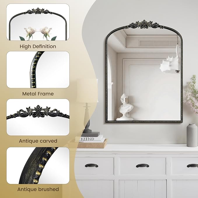 WallBeyond Black Vintage Mirror for Vanity 24x32 Inch, Black Antique Mirror with Ornate Frame, Arched Vintage Wall for Bathroom, Living Room, Fireplace, Entryway