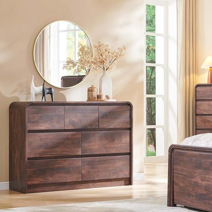 Modern 7 Drawers Dresser for Bedroom, 47" Wide Wood Dressers & Chests of Drawers w/Curved Profile Design, Mid Century Modern Dresser w/Natural Texture for Bedroom, Living Room, Brown