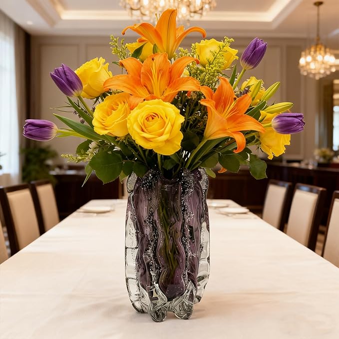 Blown Glass Bubble with Ruffled Edge Vase, Art Glass for Home Decor, Tall Vases for Centerpieces & Flowers, Crystal-Like for Bouquets & Pampas Grass, Vases Amber, Flower Bouquet Display (Purple, L)