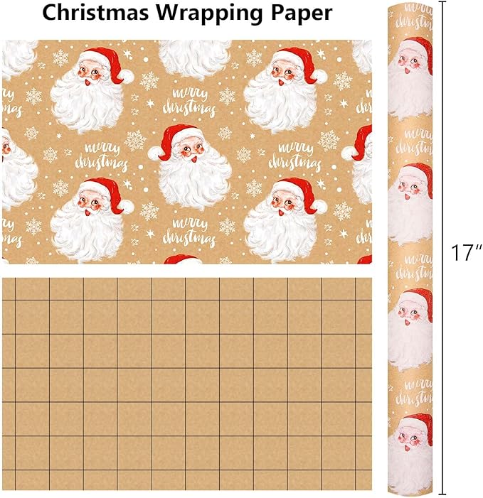 MAYPLUSS Christmas Wrapping Paper Roll - 17IN X 33FT - Kraft Gift Wrapping Paper Featuring Cute Santa Claus Snowflake Reversible Cut Lines for Kids, Holiday, New Year
