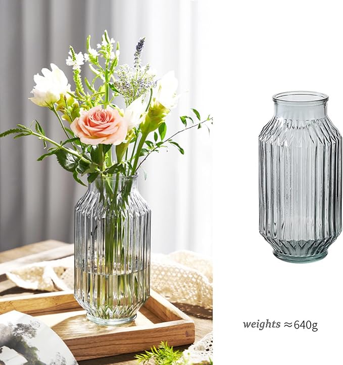 Flower Vase,Glass Vase,9.2 inch,Vintage Clear Ribbed Glass Vase for Home Decor,Bookshelf,Dinner Table,Indoor Office Desktop,Meeting Room,Home Christmas Day Decoration