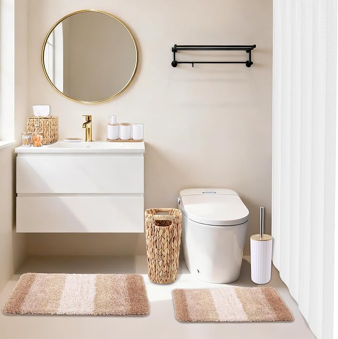 Bathroom Accessories Set, 25PCS Wicker Bathroom Accessory Set with Shower Curtain, Bath Mat, Soap Dispenser, Handwoven Trash Can & Rattan Tissue Box (White, Bath Set+Shower Curtain+Rugs)
