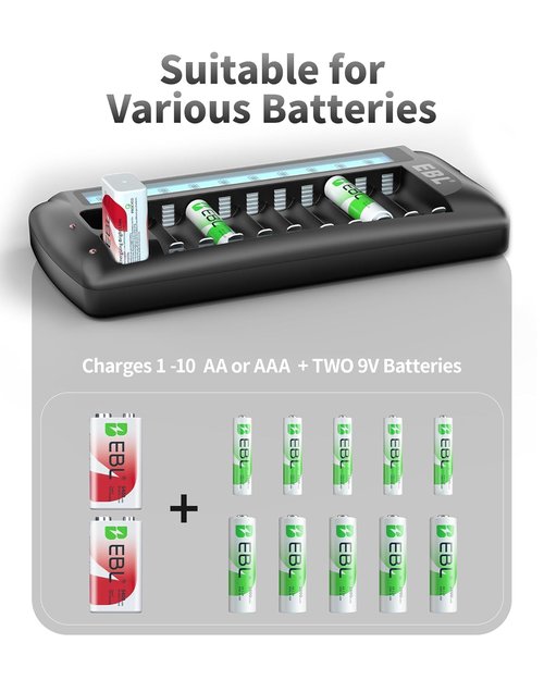 EBL 12-Bay LCD Battery Charger - Multi-Battery Charging Station for AA, AAA & 9V Batteries